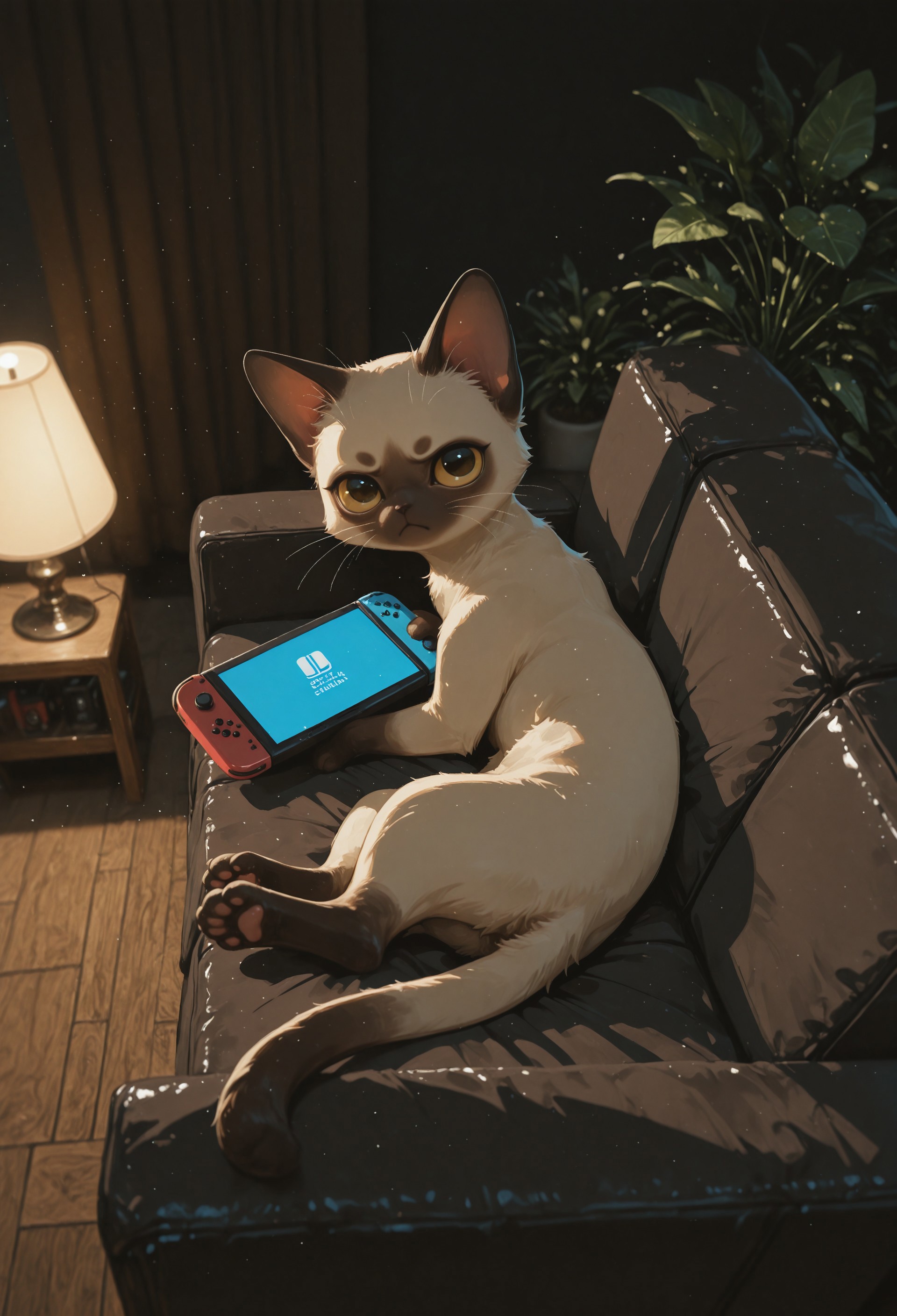 masterpiece, newest, absurdres, incredibly absurdres, best quality, amazing quality, very aesthetic, newest, no lineart, no outline, scenery,  (chiaroscuro), no humans, animal, Siamese cat, big eyes,  whiskers, paws, solo, animal focus, reclining, on couch, closed curtains, playing games, grumpy, looking at viewer, holding nintendo switch,  (dark room), living room, decorative plants, lamp, warm light, volumetric lighting, raytracing, shadows, from above, perspective, depth of field, usnr, S4bit4mago_illu