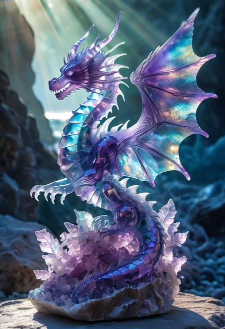 best quality, masterpiece, high resolution, intricate detailed,
beautiful photo of a dragon sculpture made of fluorite mineral, flu0rite, iridescent, angel wings made of fluorite, her wings are translucent. 
background of a alien scenery,
alien world,
rays of light, natural light,