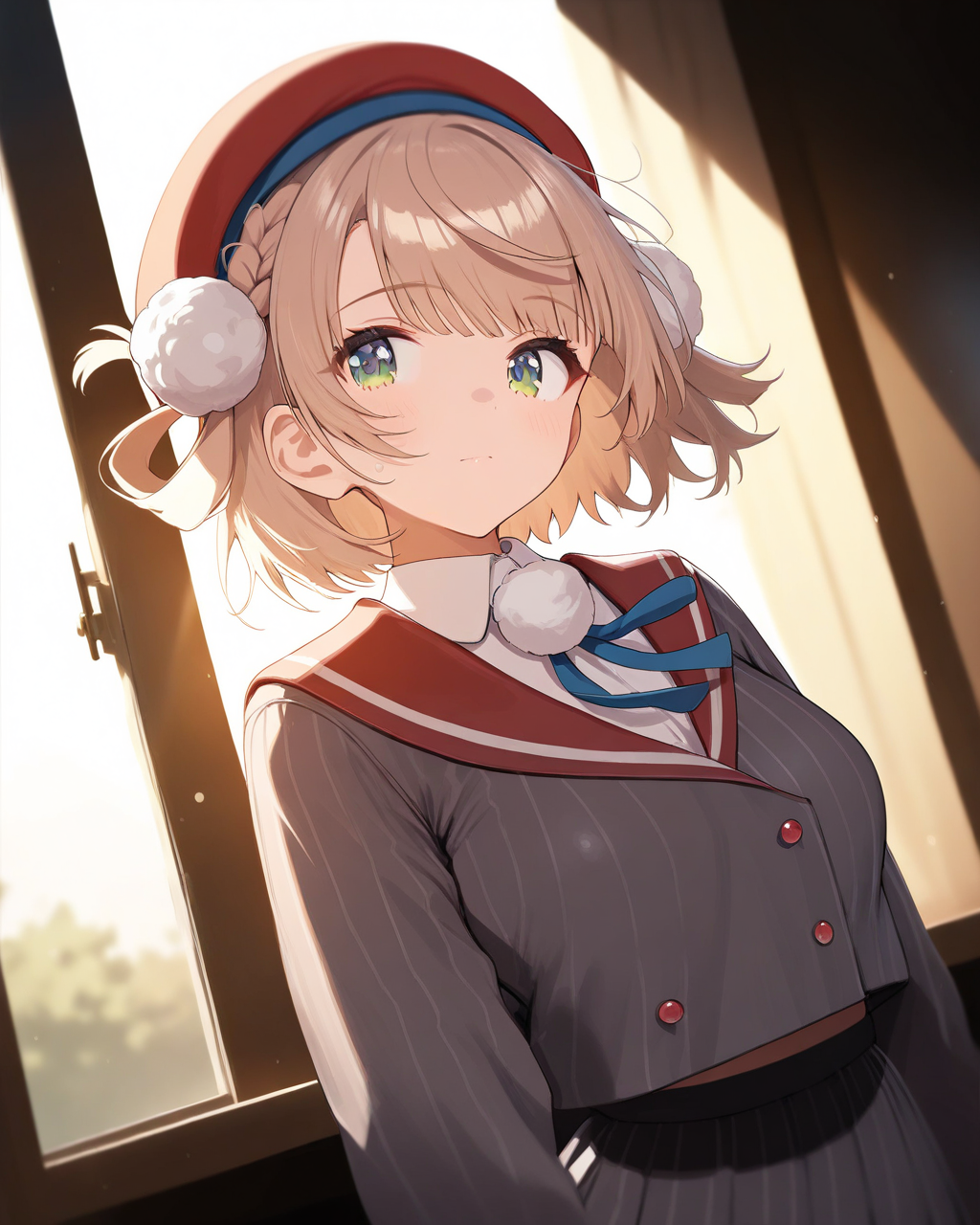 1girl,
ShigureUiVTuber,
safe, solo, dynamic angle, upper body,
beret, side braid,
hair rings, pom pom hair ornament, shiny hair,
beautiful eyes,
looking at viewer, 
red sailor collar,
neck ribbon, 
vertical stripes, 
striped jacket, large breasts,
puffy sleeves,
collared shirt,
striped skirt, 
morning, wind, side lighting,
depth of field,
<lora:kp_ShigureUiVTuber1stCostumeAnimagineXL_v1_0:1.0>,
masterpiece, high score, great score, absurdres