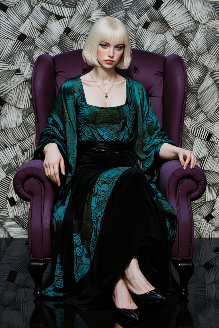 This digitally stylized photograph features a woman with pale skin and platinum blonde hair styled in a sleek bob with straight bangs. She is seated on a velvet purple armchair, her legs crossed and hands resting on her lap. Her attire consists of a deep emerald green velvet blouse with a square neckline, accented by intricate electric blue Aztec patterns that weave across the fabric in geometric shapes. The sleeves are slightly puffed at the shoulders, and the blouse is tucked into high-waisted, black trousers that flow down to her black stiletto heels. The woman's expression is calm, with a hint of introspection, as she gazes downward slightly. A delicate silver pendant necklace rests on her neck, catching the light subtly. The background features a mesmerizing optical illusion formed by intersecting black and white diagonal lines, arranged in a way that forms a pattern of distorted squares and rectangles. Each alternating line extends outward from the center, creating a sense of movement, as if the lines are pushing the viewer's gaze toward the center of the image. The optical illusion is intensified by the alternating direction of the stripes, which causes the surrounding space to appear warped. The floor beneath her is a reflective, glossy black surface, amplifying the effect of the illusion and the sharp contrast of the lines.