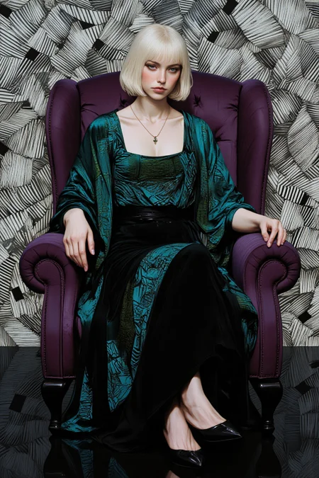 This digitally stylized photograph features a woman with pale skin and platinum blonde hair styled in a sleek bob with straight bangs. She is seated on a velvet purple armchair, her legs crossed and hands resting on her lap. Her attire consists of a deep emerald green velvet blouse with a square neckline, accented by intricate electric blue Aztec patterns that weave across the fabric in geometric shapes. The sleeves are slightly puffed at the shoulders, and the blouse is tucked into high-waisted, black trousers that flow down to her black stiletto heels. The woman's expression is calm, with a hint of introspection, as she gazes downward slightly. A delicate silver pendant necklace rests on her neck, catching the light subtly. The background features a mesmerizing optical illusion formed by intersecting black and white diagonal lines, arranged in a way that forms a pattern of distorted squares and rectangles. Each alternating line extends outward from the center, creating a sense of movement, as if the lines are pushing the viewer's gaze toward the center of the image. The optical illusion is intensified by the alternating direction of the stripes, which causes the surrounding space to appear warped. The floor beneath her is a reflective, glossy black surface, amplifying the effect of the illusion and the sharp contrast of the lines.