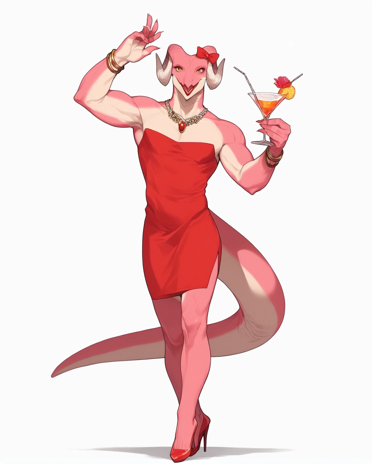 score_9, score_8_up, score_7_up, score_6_up, score_5_up, score_4_up,
(Masterpiece), (Best Quality), (Hi Res),
source_furry,
<1boy:1.5>,
<solo:1.5>,
<pink skin:1.5>,
<pink body:1.5>,
vincent_falnail, falchan, greyscale, 1boy, male focus, solo, yellow eyes, horns, furry male, furry, simple background, white background,
lipstick,makeup,ribbon,nostrils,dragon,
legs,sexy legs,muscular legs,heels,red heels,
<full body:1.5>,
<body focus:1.5>,
<simple background:1.5>,
<white  background:1.5>,
<lora:Vincent_Falnail:1> vincent_falnail,
 <lora:90s4n1m3XLP:1> 90s4n1m3, dress,
cocktail dress,
jewels,
necklace,
chocker,
bracelets,
gold,
silver,
party,
cocktail,
cup,
dancing,
luxury party,