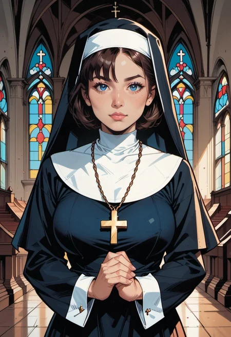 score_9, score_8_up, score_7_up, source_anime, 1woman, mature, human female, human, detailed face, jawline, smooth skin, beige skin, beautiful eyes, blue eyes, brunette, big breasts, bob cut hair, nun, habit, long sleeves, dress, black dress, jewelry, black veil, cross, cross necklace, church,
