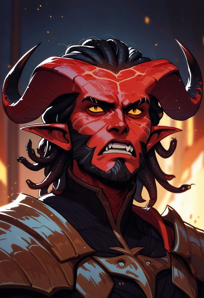 score_9, score_8_up, score_8, score_7_up, score_7, score_6_up, score_6, score_5_up, bulky tiefling, (black tipped horns:1.2), (snake hair, red snake hair, snake beard), red skin, runes, shoulder armor, spikes, wizard robes, black clothing, claws, masculine face, wide jawline, angry, intense expression, yellow eyes, vox machine style, 1boy, male focus, solo, close up portrait , fantasy, night background, (dynamic lighting:1.1)
((masterpiece))