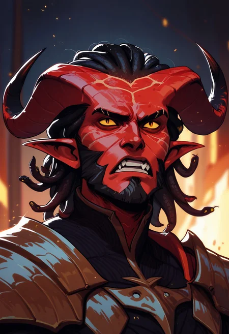 score_9, score_8_up, score_8, score_7_up, score_7, score_6_up, score_6, score_5_up, bulky tiefling, (black tipped horns:1.2), (snake hair, red snake hair, snake beard), red skin, runes, shoulder armor, spikes, wizard robes, black clothing, claws, masculine face, wide jawline, angry, intense expression, yellow eyes, vox machine style, 1boy, male focus, solo, close up portrait , fantasy, night background, (dynamic lighting:1.1)
((masterpiece))