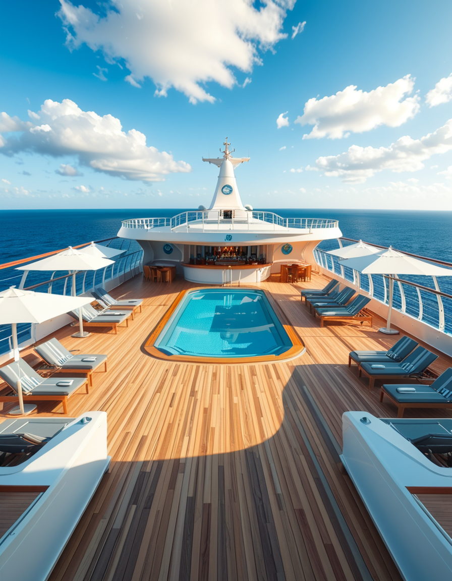 A wide, high-resolution view of the upper deck of a modern luxury cruise ship, completely empty of people. The deck features a clean, polished teak wood floor and sleek white railings along the edges. Several neatly arranged lounge chairs line both sides, with large white parasols providing shade. In the center of the deck, a crystal-clear swimming pool reflects the blue sky, with no one in or around it. To one side, a stylish bar area with a curved canopy stands closed, with colorful bottles and barstools neatly arranged. The background reveals the endless ocean meeting the horizon, under a bright, cloud-speckled blue sky. The lighting is natural daylight, casting soft shadows and highlighting the modern, serene, and luxurious ambiance of the cruise ship deck. No signs of human presence â everything is pristine, calm, and ready for guests.
<lora:SDXLFaeTastic2400:0.4> <lora:extremely_detailed:0.4> extremely detailed,<lora:luxury_cru1s3_sh1p:1>,luxury cru1s3 sh1p, Masterpiece,best quality,hi res,8k,hi res,8k,award winning,(sharp focus, intricate, highly detailed),