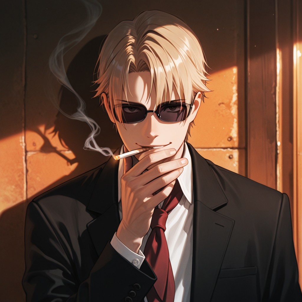 masterpiece, best quality, amazing quality, absurdres, newest, detailed background, definition so sharp, Ultra-HD, 8K cinematic, very awa, impressionate, amazing quality, highres, 
solo, male focus, manly, shadow, shiny skin, bokeh, warm light, light particle, looking at viewer, 
1boy, short hair, sunglasses, izumokusanagi, izumo_blonde, izumo_brown eyes, black blazer, red scarf, white collared shirt, smoking, smoke, smile, gentle, looking at viewer