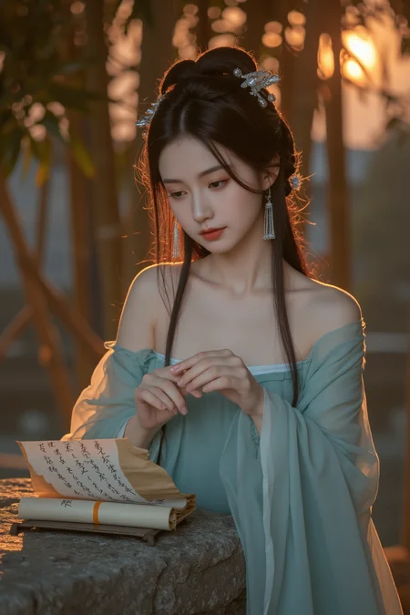 <lora:ã麦æ©éè¡£ãMajicflus:0.7>, qingyi, At sunrise, a young woman leans lightly against an ancient stone table, her cyan hanfuâs open neckline revealing the soft contours of her shoulders and chest beneath the sheer fabric. The morning light casts warm, layered shadows across her skin. Her fingers gently brush over a scroll of poetry, her gaze focused and introspective. Her hair is secured with two silver hairpins, each adorned with delicate tassels swaying softly in the breeze. The background features a bamboo grove bathed in dawnâs red hues, with shadows and mist blending to create a rich interplay of light and depth.âââ