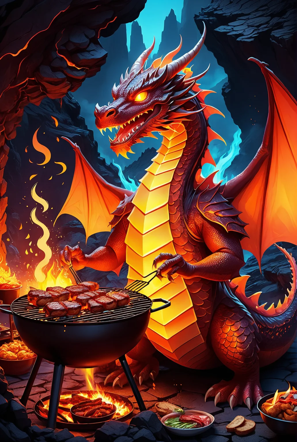 digital illustration, (fantasy drawing, fantastic fantasy, oriental style), maximum resolution, maximum details, 8k, masterpiece, warm lights, glowing, neon, (a dragon having a barbecue: 1.5), happy, with a little belly, wearing a chef's hat, wearing an apron, grilling a hamburger, (inside a volcano, lava, flames, fire, flares), <lora:add-detail-xl:3> <lora:xl_more_art-full_v1:0.2>