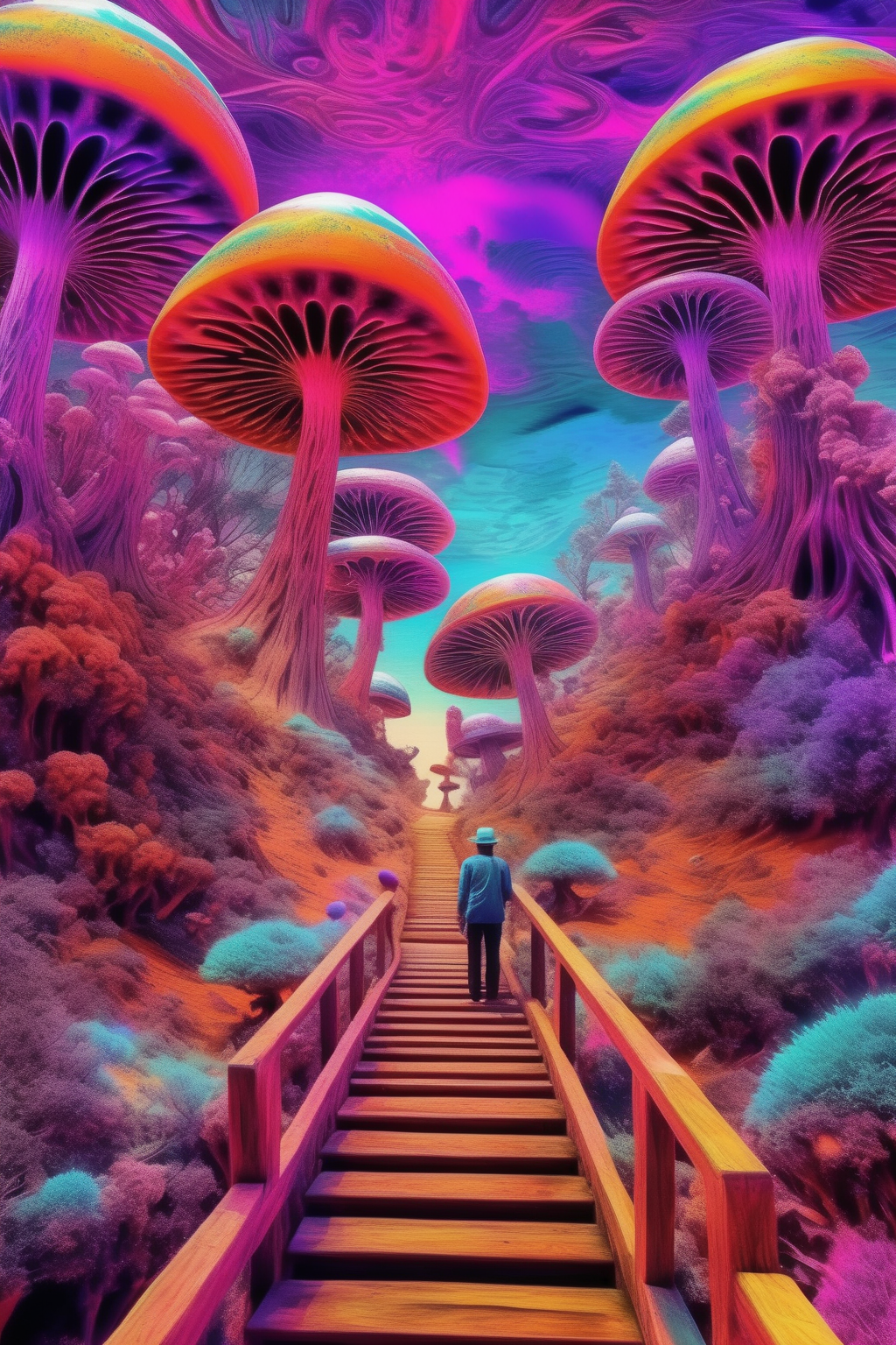 <lora:Larry Carlson Style:1>Larry Carlson Style - Create an artistic photo that immerses viewers in a mind-bending journey through a vibrant and visually trippy landscape. Embrace the interplay of vivid colors, intricate patterns, and surreal elements to ignite the imagination. Let the image mesmerize and challenge the mind, blurring the boundaries between reality and fantasy. Dive deep into the realm of psychedelia, where shapes dance, colors collide, and the unexpected unfolds. Push the boundaries of perception and create a visual experience that leaves observers questioning what is real and what is illusion.