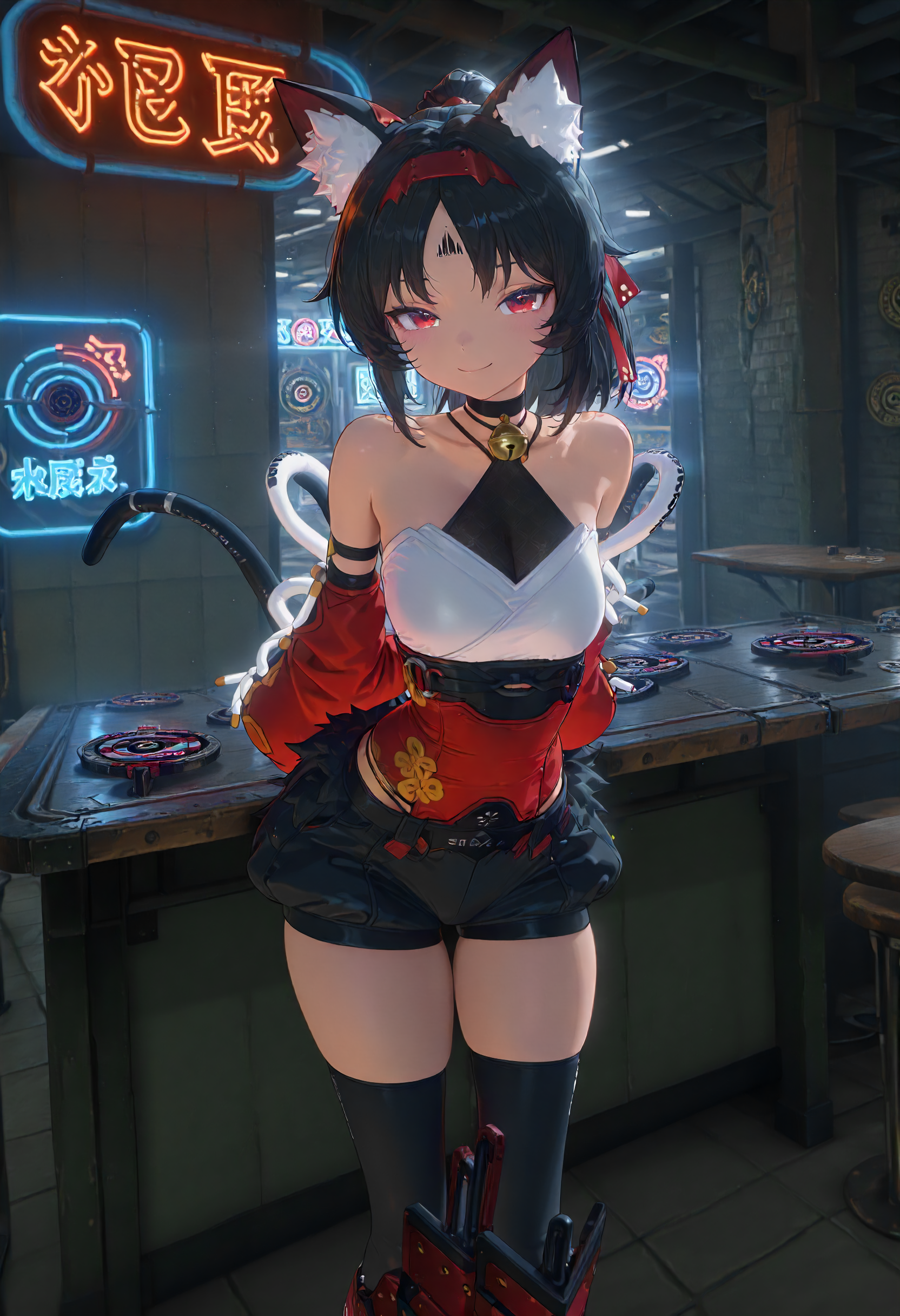 masterpiece, best quality, amazing quality, very aesthetic, absurdres, newest, scenery, volumetric lighting, ultra detailed, 
1girl, solo, black hair, cat ears, ponytail, red metal hairband, black forehead tattoo, red eyes, hair ribbon, two tails, 
cat bell, choker, white top, red sash, detached sleeves, red sleeves, black shorts, thighs, black thigh highs, shin covers,
standing, looking at viewer, hands behind back, mischievous smile, 
underground bar, neon sign, stools, tables, darts target, detailed background, backlighting,
<lora:Nekomiya_Mana__Nekomata_-_Zenless_Zone_Zero_ZZZ__Illustrious:1>
masterpiece, best quality, amazing quality, very aesthetic, absurdres, newest, scenery, volumetric lighting, ultra detailed,