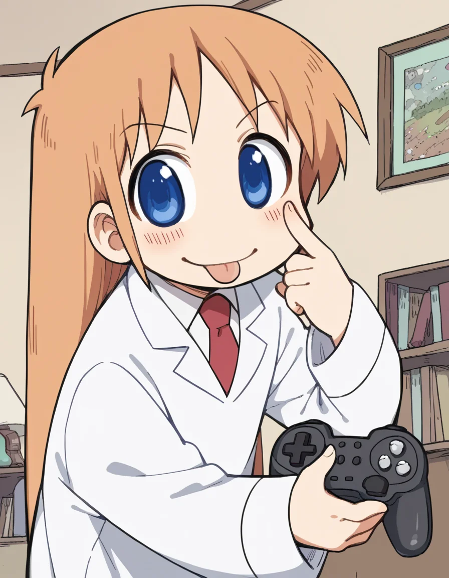 score_9, score_8_up, score_7_up, source_anime, <lora:hakase-shinonome-s1-ponyxl-lora-nochekaiser:1>, hakase shinonome, long hair, blue eyes, blonde hair, orange hair,, necktie, red necktie, labcoat,, living room, video game, controller, competitive, fun, afternoon, , <lora:akanbe-ponyxl-lora-nochekaiser:1>, akanbe, eyelid pull, finger to eye, tongue out, :p, tongue, ;p, blush, leaning forward, bent over, from side,, looking at viewer, solo,, dutch angle, cowboy shot