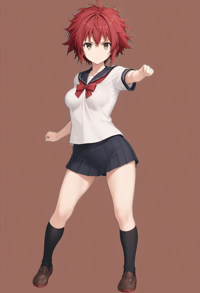 best quality,(SFW:1.5),(source_anime:1.5),1girl,ARTI,tsurime,small dark brown eyes,very short hair,messy hair,crimson hair,medium breasts,school gym uniform,fighting pose