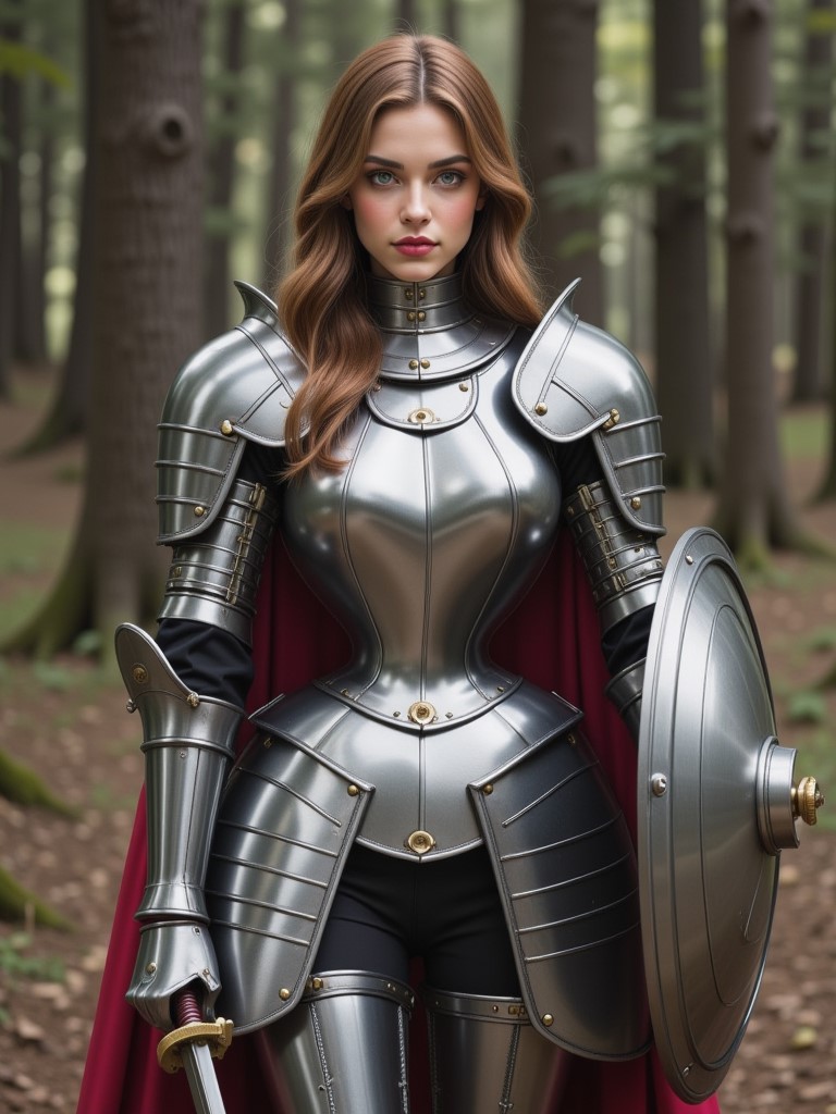A noblewoman in full plate armor, complete with a sword and shield, yet with a tiny waist visible beneath the armor. The unexpected combination of medieval strength and delicate femininity can create a striking image. <lora:tiny_waist_flux_v1:1.2>