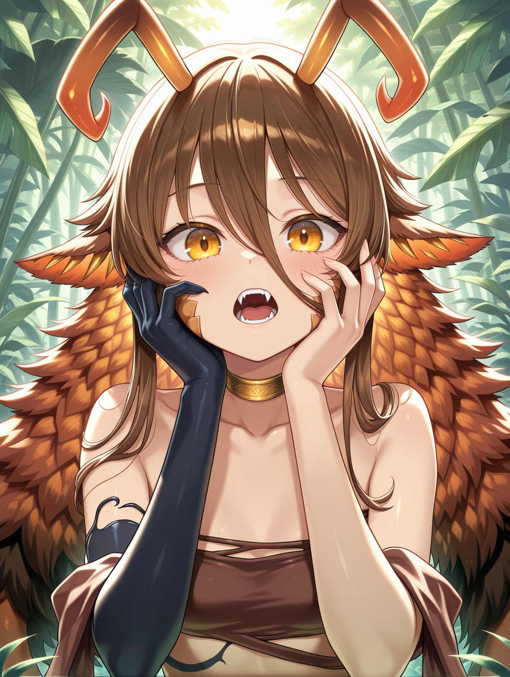 arthropod girl,traptrix holeutea,1girl,solo,open mouth,looking at viewer,=upper body,teeth,hands on own face,fangs,collarbone,hands up,brown bandeau,gold choker,single animal hand,brown revealing clothes,face scales,nature,plant,
masterpiece,best quality,amazing quality,very aesthetic,absurdres,newest,<lora:Traptrix Holeutea illuXL v1:0.7>,