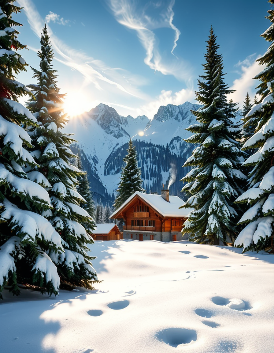 A cozy wooden chalet nestled in a serene winter landscape, surrounded by tall, snow-covered pine trees. Warm golden lights glow from the chalet's windows, contrasting with the crisp, cold air of the snowy evening. A thick layer of fresh snow blankets the ground, with a few footprints leading to the wooden front door. Smoke gently rises from the chimney, suggesting a warm fire inside. The sky is a soft twilight blue, with the first stars beginning to appear. In the foreground, a wooden fence partially covered in snow adds to the rustic charm. A small stack of firewood is neatly arranged near the entrance. The atmosphere is peaceful and inviting, evoking a sense of warmth and solitude in the midst of nature. The art style is hyper-realistic with soft lighting and high detail, emphasizing the texture of the wood, snow, and trees.
<lora:SDXLFaeTastic2400:0.4> <lora:extremely_detailed:0.4> extremely detailed, <lora:winter_l4ndsc4p3:1>,winter l4ndsc4p3, Masterpiece,best quality,hi res,8k,hi res,8k,award winning,(sharp focus, intricate, highly detailed),