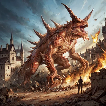 score_9, score_8_up, score_7_up, score_6_up, source_monster, raw, photo, 1dk, portrait, tarrasque, claws, sharp teeth, monster, horns, tail, scales, kaijuu <lora:Tarrasque-000006:.81>yellow eyes, spikes, fangs, castle forte background, sky, standing, devastation, fire, destruction, size difference (fleeing people:1.8) fire breathing, ongoing battle