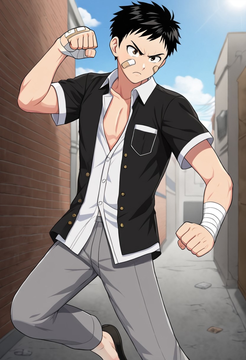 harmard, black hair, short hair, brown eyes, 1boy, solo, solo focus, wear white shirt, unbuttoned shirt, chest pocket, black t-shirt, grey pants, plaster on cheek, bandage on hands, at gang alley, outdoor, fight pose, furious expression