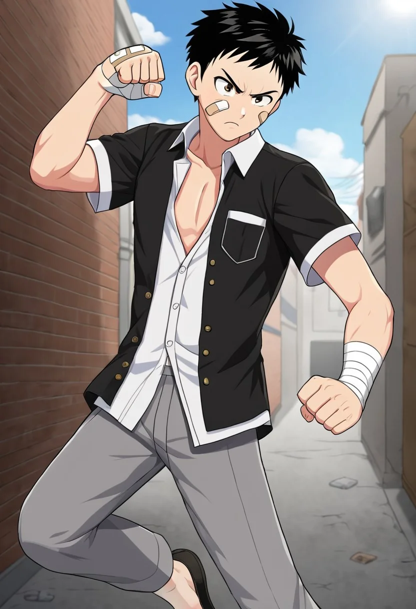 harmard, black hair, short hair, brown eyes, 1boy, solo, solo focus, wear white shirt, unbuttoned shirt, chest pocket, black t-shirt, grey pants, plaster on cheek, bandage on hands, at gang alley, outdoor, fight pose, furious expression