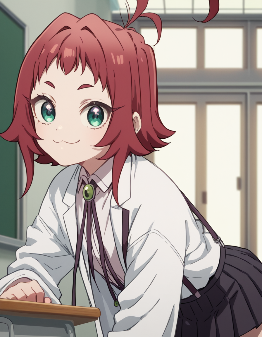 score_9, score_8_up, score_7_up, source_anime,
kusuriyakuzen, <lora:kusuri-yakuzen-s1-ponyxl-lora-nochekaiser:1>,
kusuri yakuzen, green eyes, red hair, antenna hair, ahoge,
short hair, white shirt, pleated skirt, collared shirt, black skirt, neck ribbon, suspenders, labcoat, suspender skirt, female child,
indoors, classroom, bent over, smile,
looking at viewer, cowboy shot, dutch angle, solo,