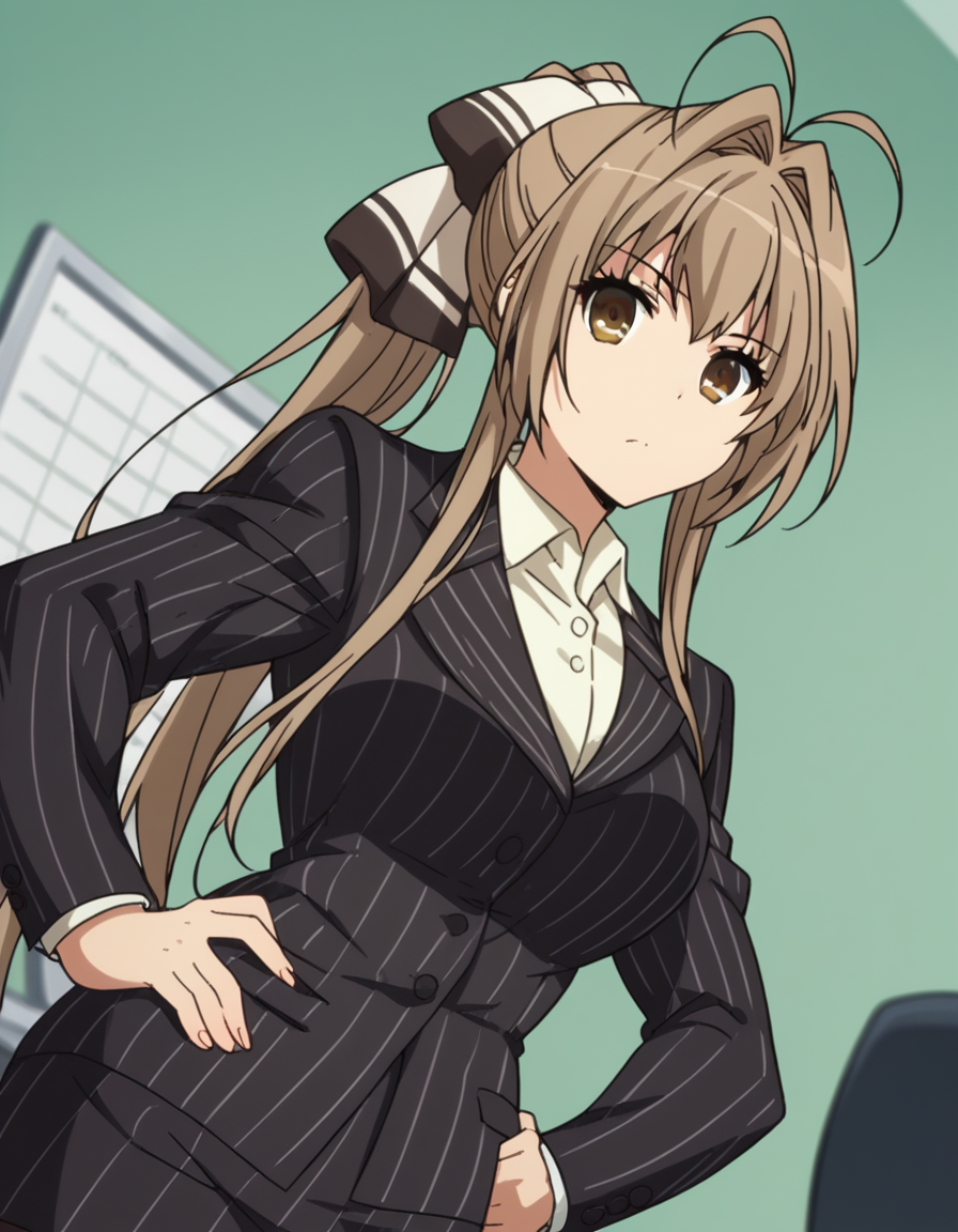 score_9, score_8_up, score_7_up, source_anime,
isuzusento, <lora:isuzu-sento-s1-ponyxl-lora-nochekaiser:1>,
isuzu sento, long hair, brown hair, bow, brown eyes, ponytail, hair intakes, antenna hair,
skirt, pantyhose, striped, formal, suit, pinstripe pattern, skirt suit, pinstripe suit,
office, hands on hips,
looking at viewer, cowboy shot, dutch angle, solo,