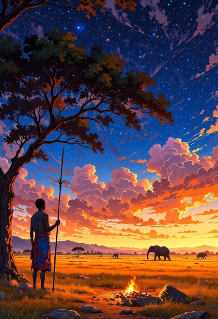 On the golden plains of the African savanna, a Masai warrior wearing the traditional colorful tribal out fit and holding a long spear stands under the shade of a lone acacia tree, with a breathtaking view of giraffes and elephants silhouetted against the setting sun. The distant roar of a lion echoes across the open landscape, blending with the crackling of a small campfire where marshmallows are being roasted under a sky bursting with a million glowing stars.