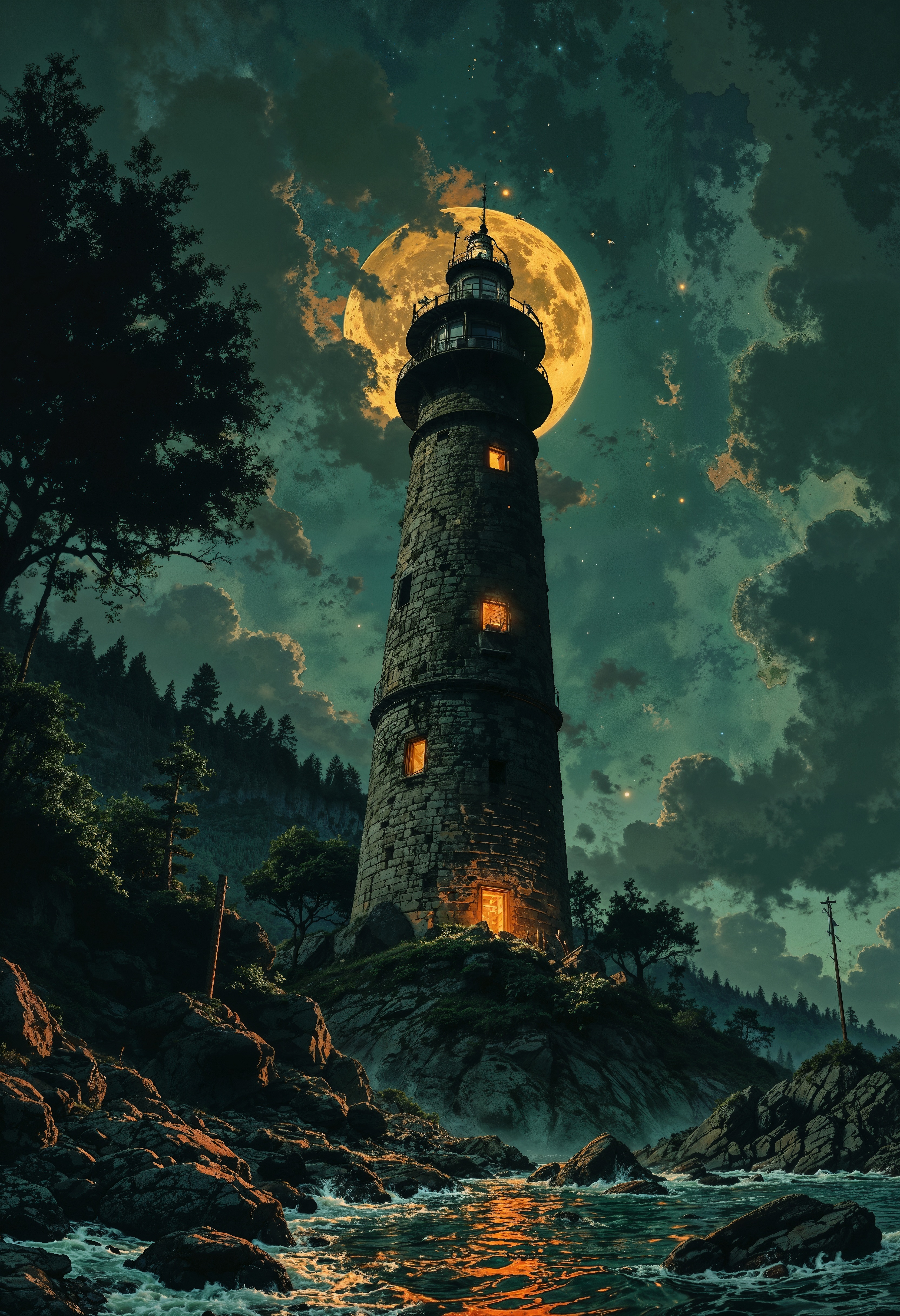 A captivating night scene illustration featuring an ancient lighthouse standing tall on a rocky island. The lighthouse, adorned with multiple windows, emits a warm glow, highlighting its intricate architecture and rich history. The rocky island is covered in lush green trees, reflecting on the calm, moonlit sea waters that mirror the silvery moonlight. The full moon graces the sky, casting an ethereal glow on the clouds and sea, while wispy clouds partially obscure its brilliance, adding to the scene's mystique. Twinkling stars dot the sky, creating a celestial tapestry that harmonizes with the moon's radiance. This enchanting artwork captures a serene and peaceful night, where the illuminated lighthouse stands resolute amidst the celestial beauty, creating a cinematic experience., illustration, cinematic  <lora:FluxMythP0rtr4itStyle:0.7>  <lora:Luminous_Shadowscape:0.8>