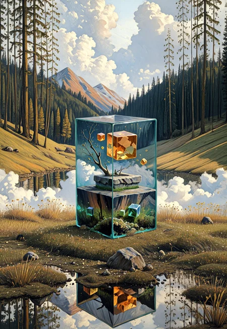 masterpiece, very aesthetic, absurdres, best quality, 1MPR3SS1ON1SM, oil painting, traditional media, This image is a highly detailed CGI artwork showcasing a surreal, nature-inspired scene. The focal point is a large, transparent cube hovering in mid-air, with its transparent walls reflecting a breathtaking landscape of mountains and forest. The cube is positioned centrally in the image, its glass-like surface capturing a perfect reflection of a verdant valley with towering, jagged mountains in the background, their peaks shrouded in a thin layer of cloud.