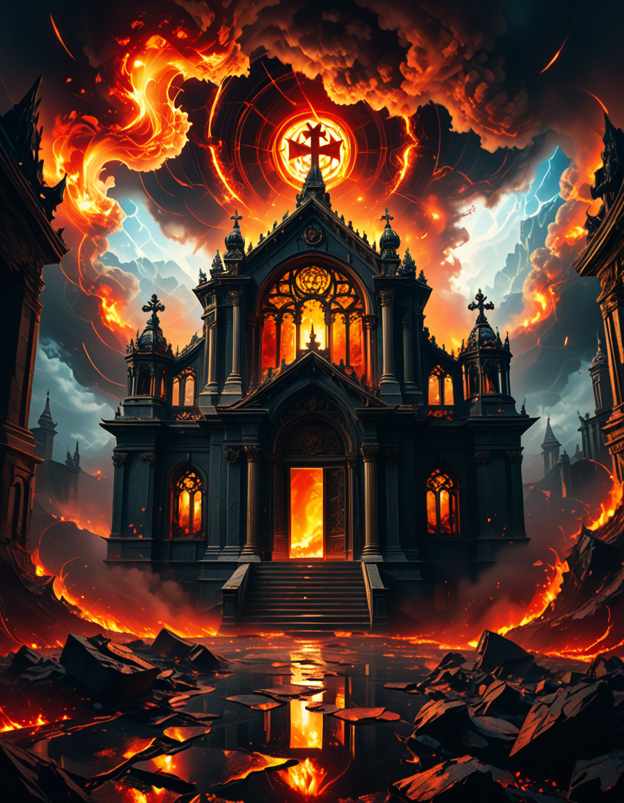 A once-majestic celestial temple, now under siege by the forces of Hell. The grand white stone structure is cracked and scorched, its golden crosses twisted and broken. The stained-glass windows, once glowing with warm divine light, are now shattered, with demonic symbols glowing ominously in their place. The sky, once a serene blue, is now consumed by dark storm clouds, swirling with red lightning and thick smoke.
Black, jagged chains extend from the sky, wrapping around the temple as if trying to pull it down into the abyss. The once-fluffy clouds beneath the structure are now a chaotic mix of fire, ash, and dark mist, with glimpses of molten lava cracks below. Infernal creatures with glowing red eyes lurk in the shadows, their silhouettes barely visible through the smoke and fire.
The temple doors are blown open, revealing an eerie red glow emanating from within, as if Hell itself is consuming the sacred space. Massive demonic runes are etched into the stone, pulsating with an unholy energy. The entire scene is bathed in a deep crimson and orange glow, giving it an apocalyptic and nightmarish atmosphere.
Style & Lighting:
- Dark fantasy, highly detailed
- Dramatic, high-contrast lighting with fiery glows
- Cinematic composition, epic scale
- Strong use of shadows, embers, and atmospheric foghighly detailed and atmospheric view from inside a massive birdcage, large enough for a human to stand inside. The cage is made of ornate, aged metal bars with intricate Victorian-style patterns, curving elegantly towards the domed ceiling. Sunlight filters through the gaps between the bars, casting long, dramatic shadows on the wooden floor. Delicate vines and small flowers have begun to grow around the bars, adding a touch of nature reclaiming the space. The background beyond the cage is blurred, hinting at a lush garden or a mysterious, abandoned mansion. The ambiance is serene yet slightly melancholic, with warm golden light illuminating dust particles floating in the air. Soft feathers are scattered on the floor, adding to the sense of quiet abandonment. The perspective makes the viewer feel as if they are inside the cage, looking outward, surrounded by both beauty and confinement. The style is highly detailed and realistic, with a cinematic and slightly surreal atmosphere.
<lora:SDXLFaeTastic2400:0.4> <lora:extremely_detailed:0.4> extremely detailed,evil celestial t3mpl3, <lora:evil_celestial_t3mpl3-p:1>, Masterpiece,best quality,hi res,8k,hi res,8k,award winning,(sharp focus, intricate, highly detailed),