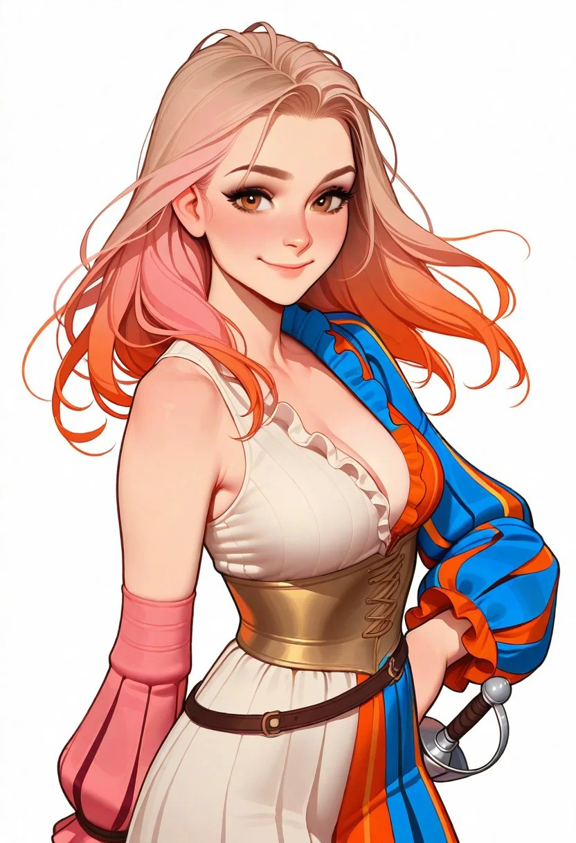 Artist : Tsuaii, Artist : Incase, flat colors, high detailed, high quality, masterpiece,
1girl, upper body, (white background), dynamic lighting, standing, looking at viewer, cowboy shot, standing,
eye reflection, pink hair, orange hair, multicolored hair, light brown eyes, eye reflexion, smile, landsknecht outfit, rapier