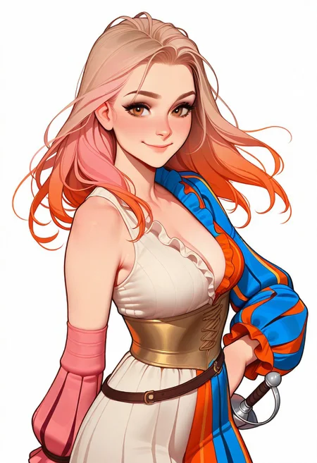 Artist : Tsuaii, Artist : Incase, flat colors, high detailed, high quality, masterpiece,
1girl, upper body, (white background), dynamic lighting, standing, looking at viewer, cowboy shot, standing,
eye reflection, pink hair, orange hair, multicolored hair, light brown eyes, eye reflexion, smile, landsknecht outfit, rapier