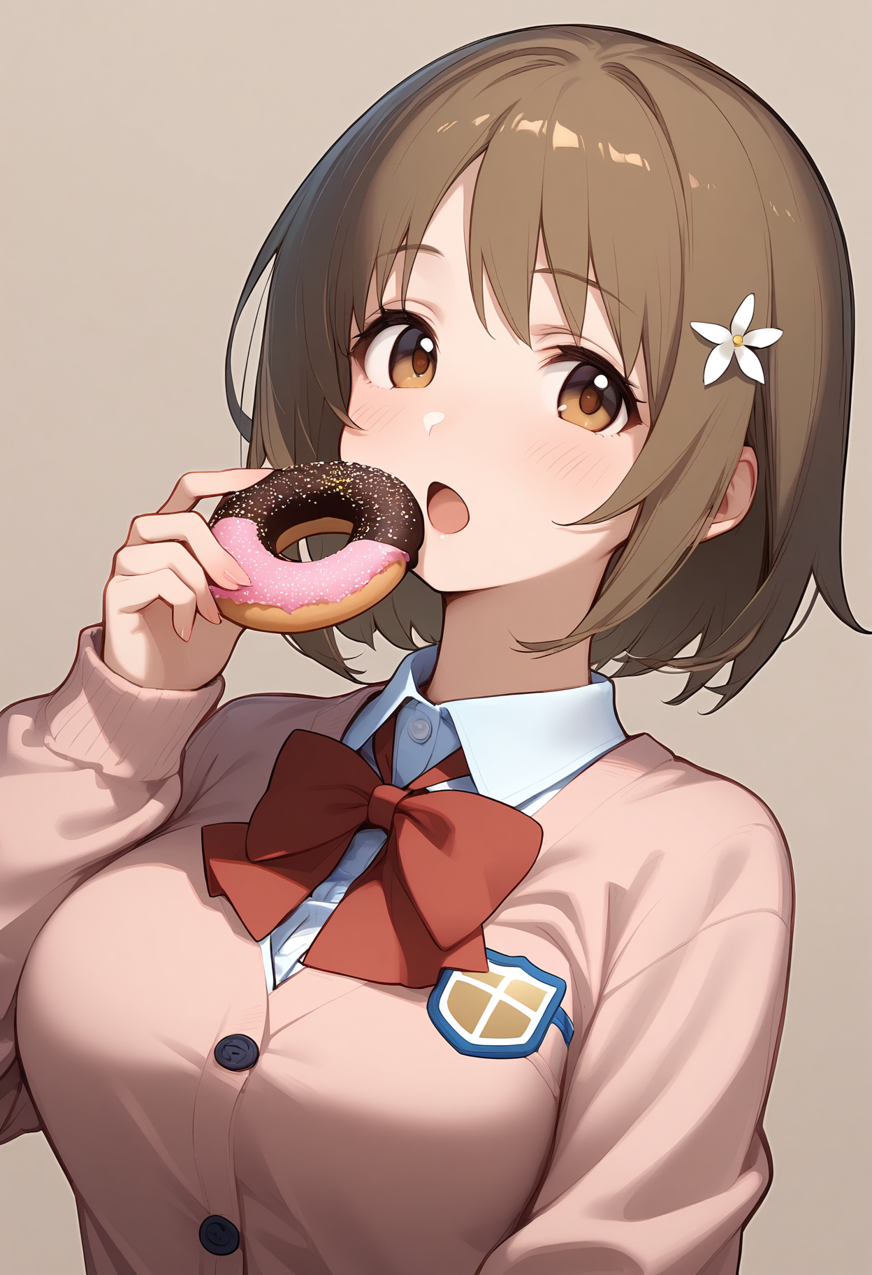 1girl,
mimura kanako,


solo, blush, long sleeves, food, shirt, sweater, holding food, pink sweater, cardigan, white flower, bowtie, red bowtie, large breasts, flower, looking at viewer, brown eyes, collared shirt, bow, short hair, hair flower, blue bow, school uniform, open mouth, upper body, hair ornament, red bow, doughnut, brown hair, simple background, breasts, holding, white shirt,

sfw
<lora:a31_char_new_mimura_kanako-000022:1> <lora:a31_style_koni-000010:0.8>