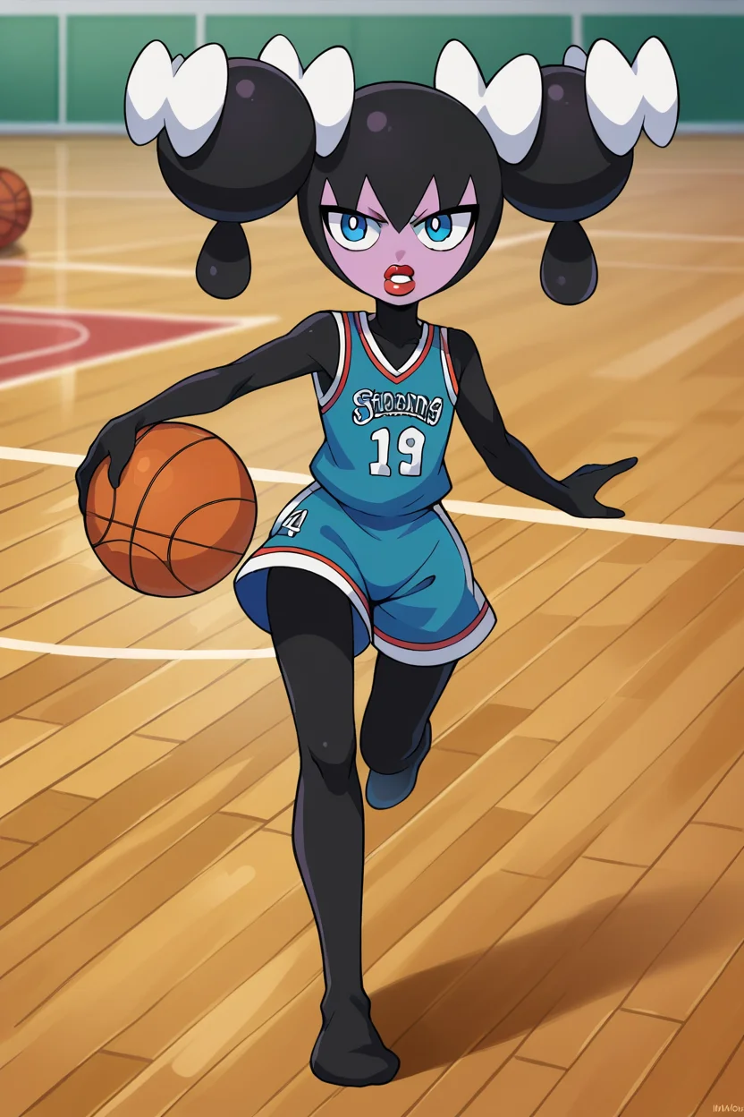score_9, score_8_up, score_7_up, score_6_up, BREAK gothorita,1girl, solo,full body,two-tone skin,playing basketball, twintails, clenched teeth, blue eyes,green basketball uniform, basketball court, flat chest, dribbling \(basketball\), running, red lips,white hair bow, black hair <lora:GothoritaPony:1>