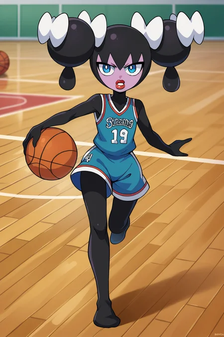 score_9, score_8_up, score_7_up, score_6_up, BREAK gothorita,1girl, solo,full body,two-tone skin,playing basketball, twintails, clenched teeth, blue eyes,green basketball uniform, basketball court, flat chest, dribbling \(basketball\), running, red lips,white hair bow, black hair <lora:GothoritaPony:1>