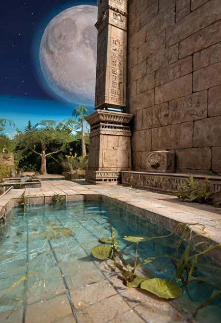score_9, score_8_up, score_7_up, BREAK, RAW, photo, 8k, very sharp, very detailed, realistic, real, hyper realistic, Photorealistic, real photo, no people, no humans
distant structures, sky, stars, moon, tiles, tomb, sand, plants, pond, trees, stone wall, tiles, from below,
<lora:Unreal Tournament 2004 - Facing Worlds - Sun Blade_epoch_12:0.7> facing3worlds,