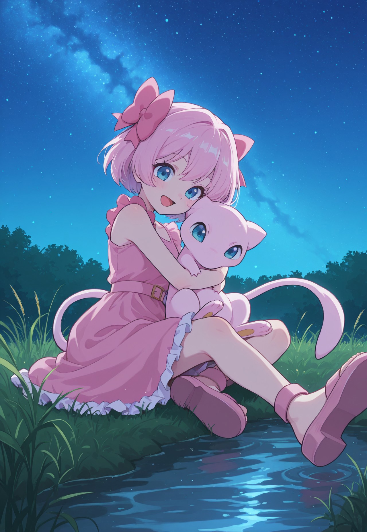 masterpiece, best quality, amazing quality, very aesthetic, absurdres, 1girl with 1other:1, other with female, BREAK
(PKMN_Mew, gijinka, human:1, 1girl, pink hair, short hair, hair ribbon, blue eyes, pink frilled dress, pink sandals, holding pokemon). BREAK
(1other, PKMN_Mew, blue eyes, pink fur,)
river, gras, blue sky, sitting, on ground, happy, dynamic pose, perspective, outdoors, plants, night, starry sky