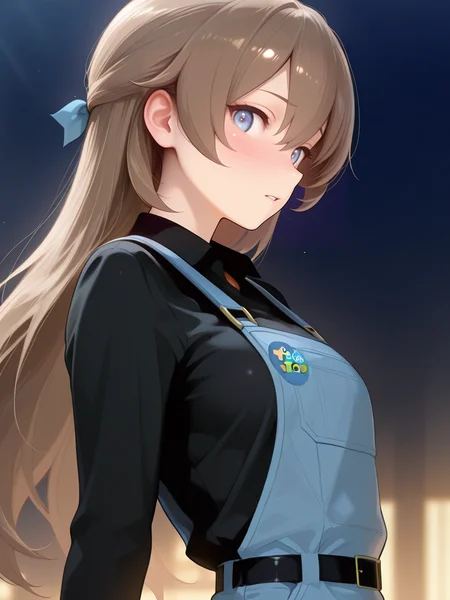 close-up of face,long sleeves,<lora:IL_Toyu_Hitoka:1>,1girl,solo,Toyu Hitoka,fl_t,blue eyes,brown hair,long hair,long sleeves,belt,blue overall,black collared shirt,from side,profile,Tilting the head forward,looking at viewer,side glance,parted lips,embarrassed,, masterpiece,amazing quality,best quality,ultra-detailed,8K,illustration,CG,shiny hair,clear skin,ultra-detailed-eyes,ultra-detailed-background,