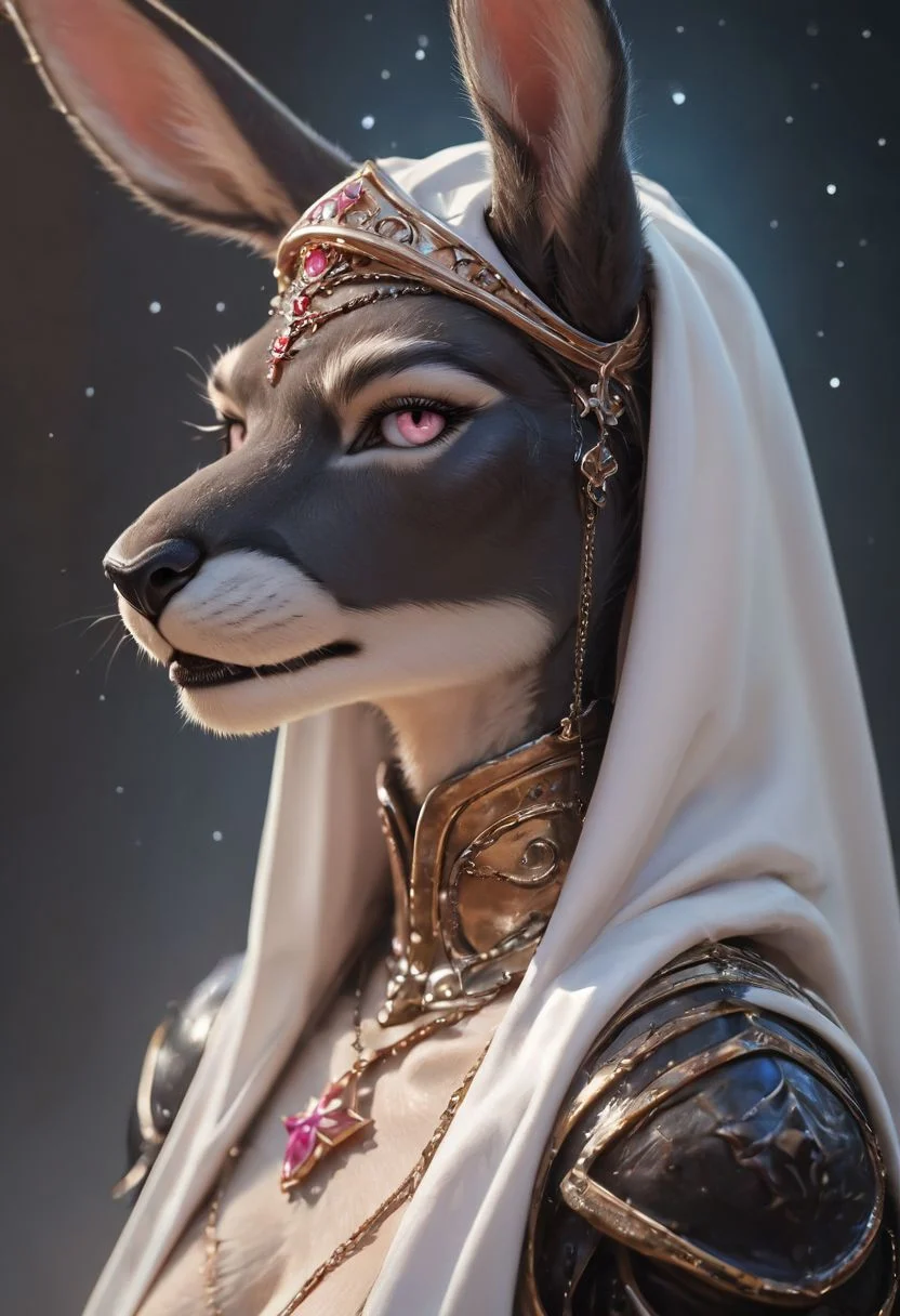 score_9, score_8_up, score_7_up, score_6_up, score_5_up,
(close up:1.5), (side view:1.4), feminine,
(source_furry:1.2),
royal priestess, (1girl:1.2), kangaroo, (black fur:1.4), black body, short grey fur trim, pink eyes, detailed eyes, (slender:1.2), furry body, (big chest, big breasts:1.3),
(violet chaps:1.4), (knight armor:1.2), (gleaming sexy armor:1.2), (violet cape:1.2), pink details,
Standing, looking at viewer,
(starry night:1.4), castle gates,
raw, photo, realistic,
