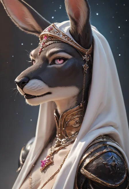 score_9, score_8_up, score_7_up, score_6_up, score_5_up,
(close up:1.5), (side view:1.4), feminine,
(source_furry:1.2),
royal priestess, (1girl:1.2), kangaroo, (black fur:1.4), black body, short grey fur trim, pink eyes, detailed eyes, (slender:1.2), furry body, (big chest, big breasts:1.3),
(violet chaps:1.4), (knight armor:1.2), (gleaming sexy armor:1.2), (violet cape:1.2), pink details,
Standing, looking at viewer,
(starry night:1.4), castle gates,
raw, photo, realistic,