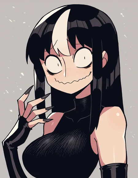 zPDXL, score_9, score_8_up, score_7_up, source_anime, 1girl, solo,
<lora:rariatto-20:0.8> rariatto, long hair, breasts, looking at viewer, large breasts, black hair, gloves, dress, white hair, multicolored hair, black gloves, elbow gloves, fingerless gloves, black dress, streaked hair, wavy mouth, csharp fingernails, vampire, sanpaku,
