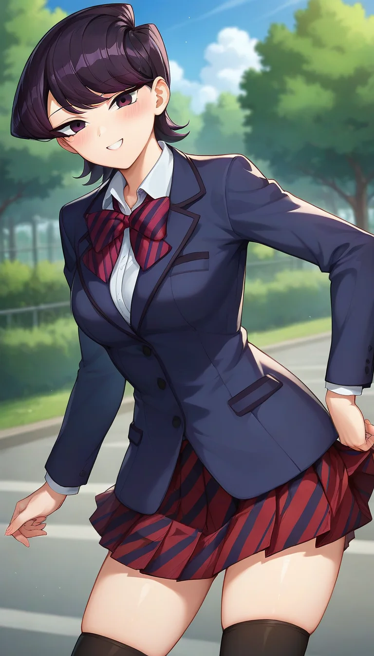 score_9,score_8_up,score_7_up,score_6_up BREAK official art,solo,outdoors,cowboy shot,looking at viewer,facing viewer,smile,blush,mature female,Komi Shuuko,short hair,black hair,shiny hair,swept bangs,purple eyes,school uniform,blue jacket,blazer,collared shirt,white shirt,red bowtie,striped bowtie,diagonal-striped bow,medium breasts,skindentation,long sleeves,red skirt,pleated skirt,striped skirt,black socks,loafers,<lora:Komi Shuuko(kcc)-Pony:0.8>,