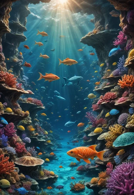 A conceptual art that shows an underwater scene full of life and colors, with different types of marine animals, such as fish, corals, turtles, dolphins, whales, etc. Art should convey a sense of harmony, beauty and diversity, using creative shapes, textures and contrasts.  
Modifiers:
elegant intricate 8k very attractive beautiful high detail dynamic lighting award winning fantastic view ultra detailed colourful hdr flowing