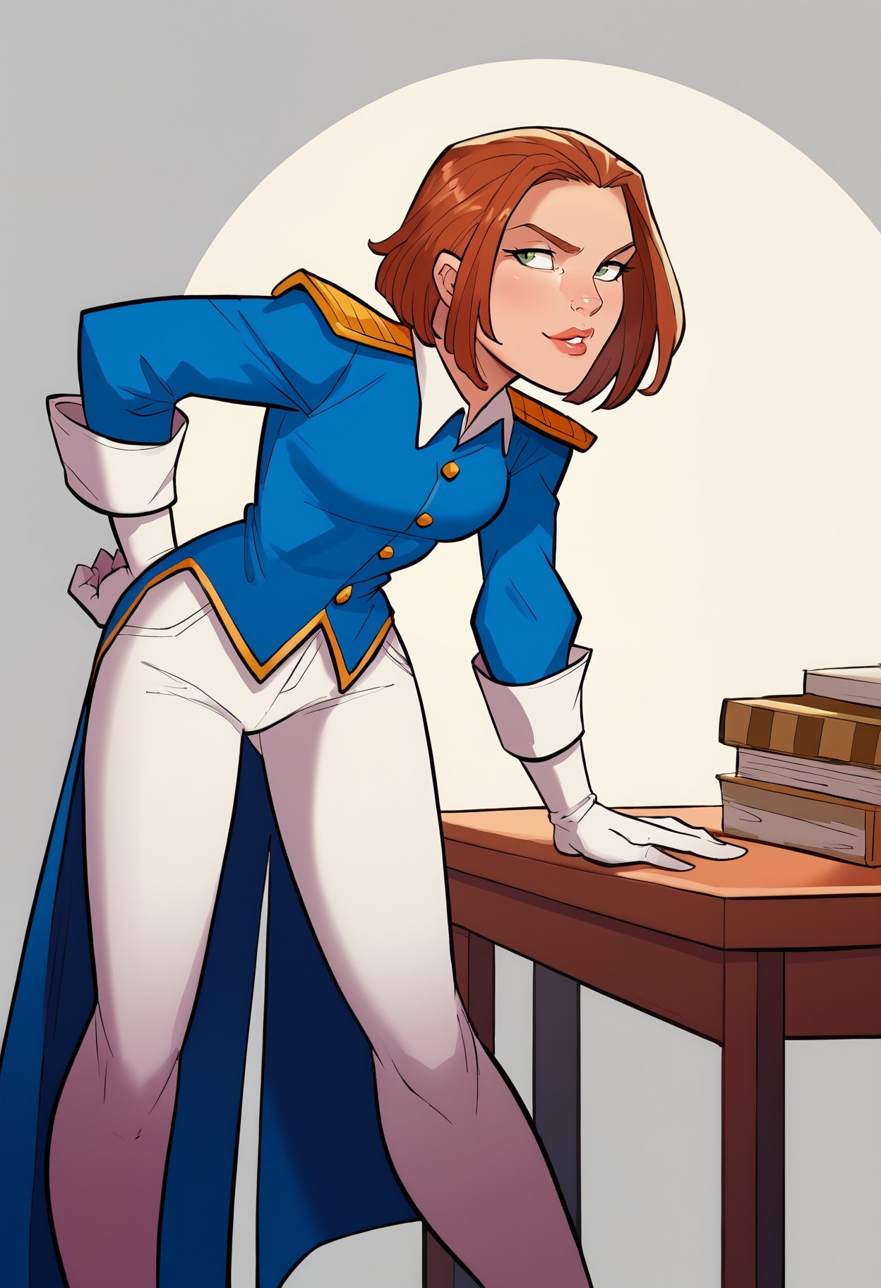 score_9, score_8_up, score_7_up, score_6_up, bbp-dh BREAK, bent forward, table, 1girl, solo, AmeliaCapXLP, blue jacket, coat, white pants, thigh boots, epaulettes, elbow gloves <lora:Artist_Style_-_Bad_Boy_Pool_JAB_PDXL:0.8> <lora:add-detail-xl:0.3> <lora:CaptainAmeliaXLP_Character:0.7>