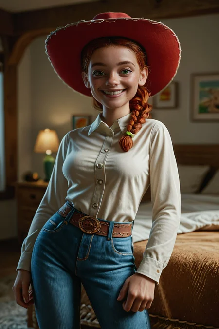zPDXL3, <lora:Jessie_the_Yodeling_Cowgirl_-_Toy_Story_PonyXL:.7>,
Jes_sie, woman, red hair, braid, red cowboy hat, green eyes, white shirt, long sleeves, medium breasts, belt, pants, looking at viewer, smiling, standing, inside cozy bedroom, soft lighting,