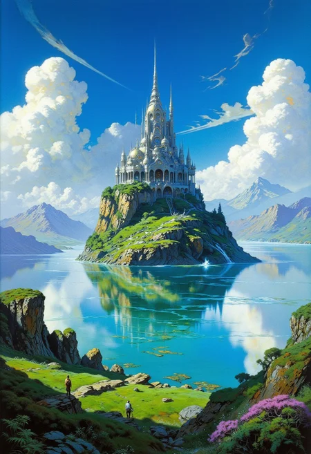 A sci-fi castle on an island in the middle of a lake, concept art in the style of Solarpunk and Arcology, 3D render, beautiful landscape, blue sky with clouds, green grassy field, flowers, trees. Adding depth to the composition. High resolution, high detail, sharp focus, professional photography, full frame