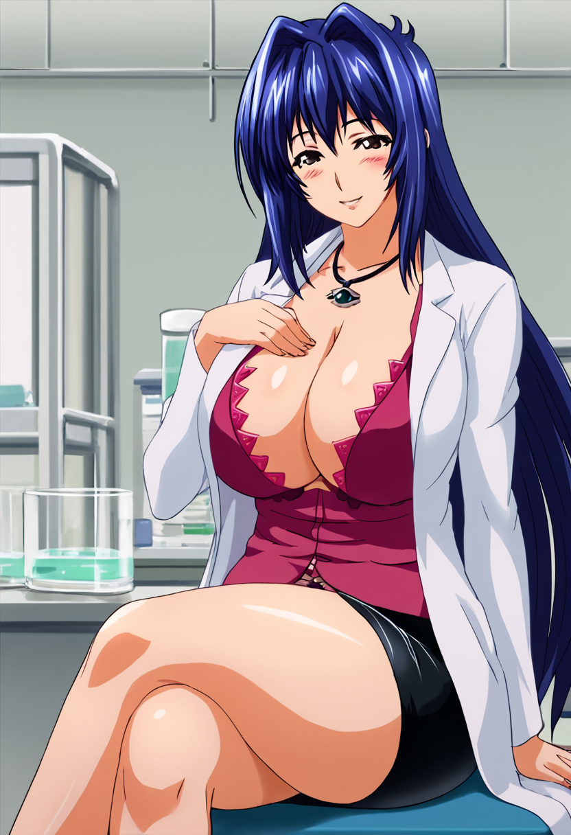 1girl, solo, aki_nijou, lab coat, pink shirt, cleavage, jewelry, necklace, pencil skirt, sitting, crossed legs, chair, indoors, open shirt, breasts, blush, smile, looking at viewer <lora:Aki_Nijou:1>