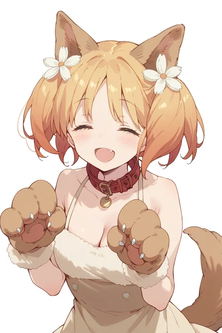 score_9, score_8_up, score_7_up, score_6_up, 
 <lora:Yuu_Sonoda:1> yuu, 1girl, solo, animal ears, tail, collar, animal hands, closed eyes, fang, hair flower, hair ornament, flower, dog ears, open mouth, dog tail, smile