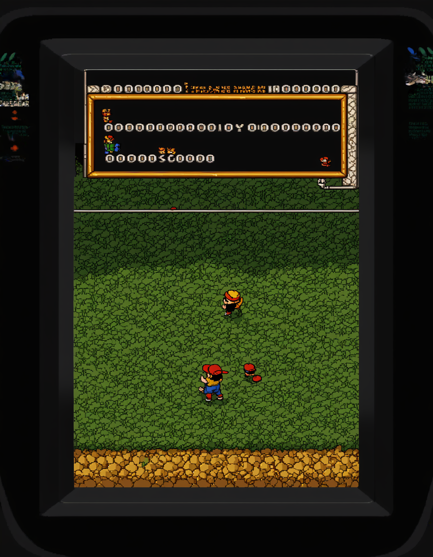 PonyXLV6_Scores , gmgzzz, solo, fake screenshot, 1boy, english text, hat, video game, pixel art, game gear, <lora:GameGearPDXL:1>