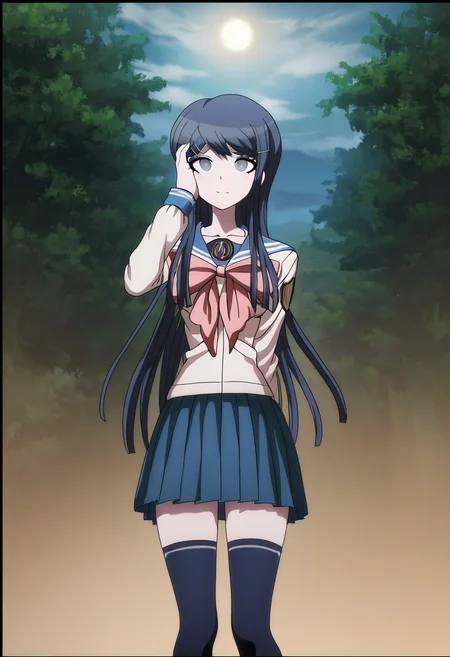 (((solo))), masterpiece, best quality, very aesthetic, modern, modern anime, newest, absurdres, highres, low angle , expression conveying suden realization , (((solo))),danganronpa_(series),<lora:Sayaka_Maizono_Illustrious:1>, This is an anime screencap from Danganronpa 3. . Sayaka Maizono is facepalm. Sayaka Maizono is loving expression . Sayaka Maizono is working with and involved in A misty forest clearing at dawn or dusk. Silhouettes of tall evergreen trees frame the image, creating a dark border. The sky is pale with wispy clouds, transitioning from light blue to golden near the horizon. A low fog blankets the grassy field in the foreground, obscuring details. The sun, just peeking through the trees, casts a warm glow and long shadows. A single curved branch arches into the frame from the top right. The atmosphere is eerily calm and mysterious, with the interplay of light and shadow creating a dramatic mood. The scene suggests early spring or late autumn, with bare branches visible among the evergreens. The composition draws the eye from the shadowy foreground through the misty middle ground to the illuminated treeline and sky beyond. Sayaka Maizono has her long blue hair down. She is wearing the white and blue Hope's Peak Academy uniform with a white top. Her sleeves reach her wrists. She's wearing a light pink ribbon. She has a short, pleated, blue skirt. Sayaka Maizono wears navy blue thigh-high socks. Her footwear is dark brown Mary Janes shoes.