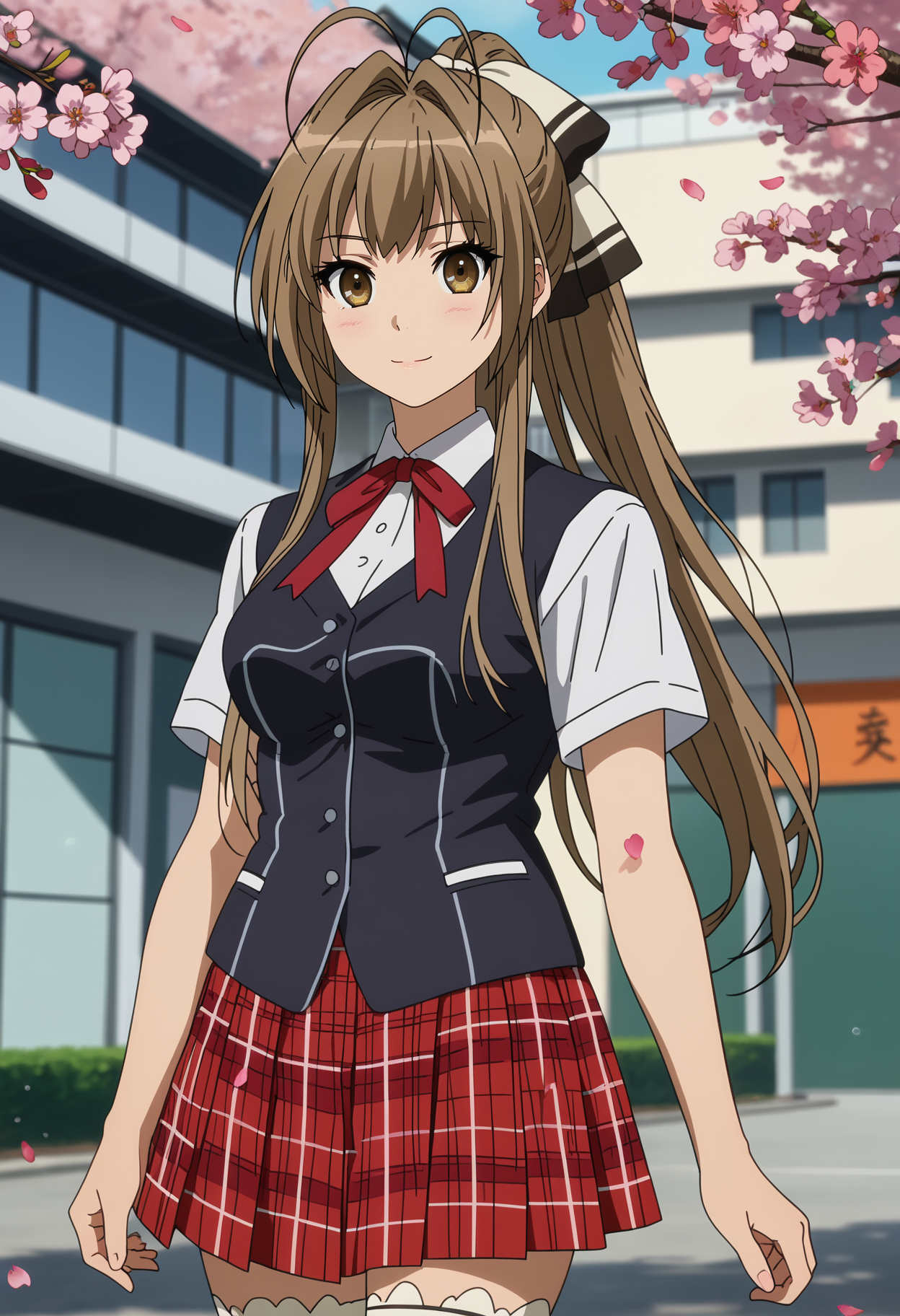 score_7_up, anime screencap,
<lora:AmagiBrilliantPark_SentoIsuzuXL:0.9>,
1girl, solo, closed mouth, light smile,
long hair, ponytail, brown hair, antenna hair, hair intakes, brown eyes, hair bow,
SentoSchool, black vest, white shirt, short sleeves, neck ribbon, red ribbon, plaid skirt, red skirt, white thighhighs,
standing, looking at viewer, thigh gap,
blurry background, outdoors,cherry blossoms, falling petals, school building